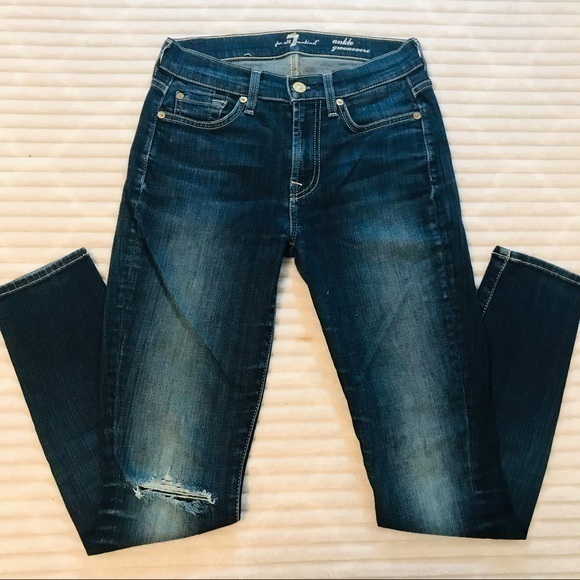 7 For All Mankind Gwenevere Skinny Ankle Jeans Busted Knee Distressed Size 24 00 - Picture 1 of 7